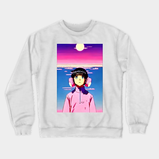 Anime Boy with Headphone - Retro Future Crewneck Sweatshirt by Trendy-Now